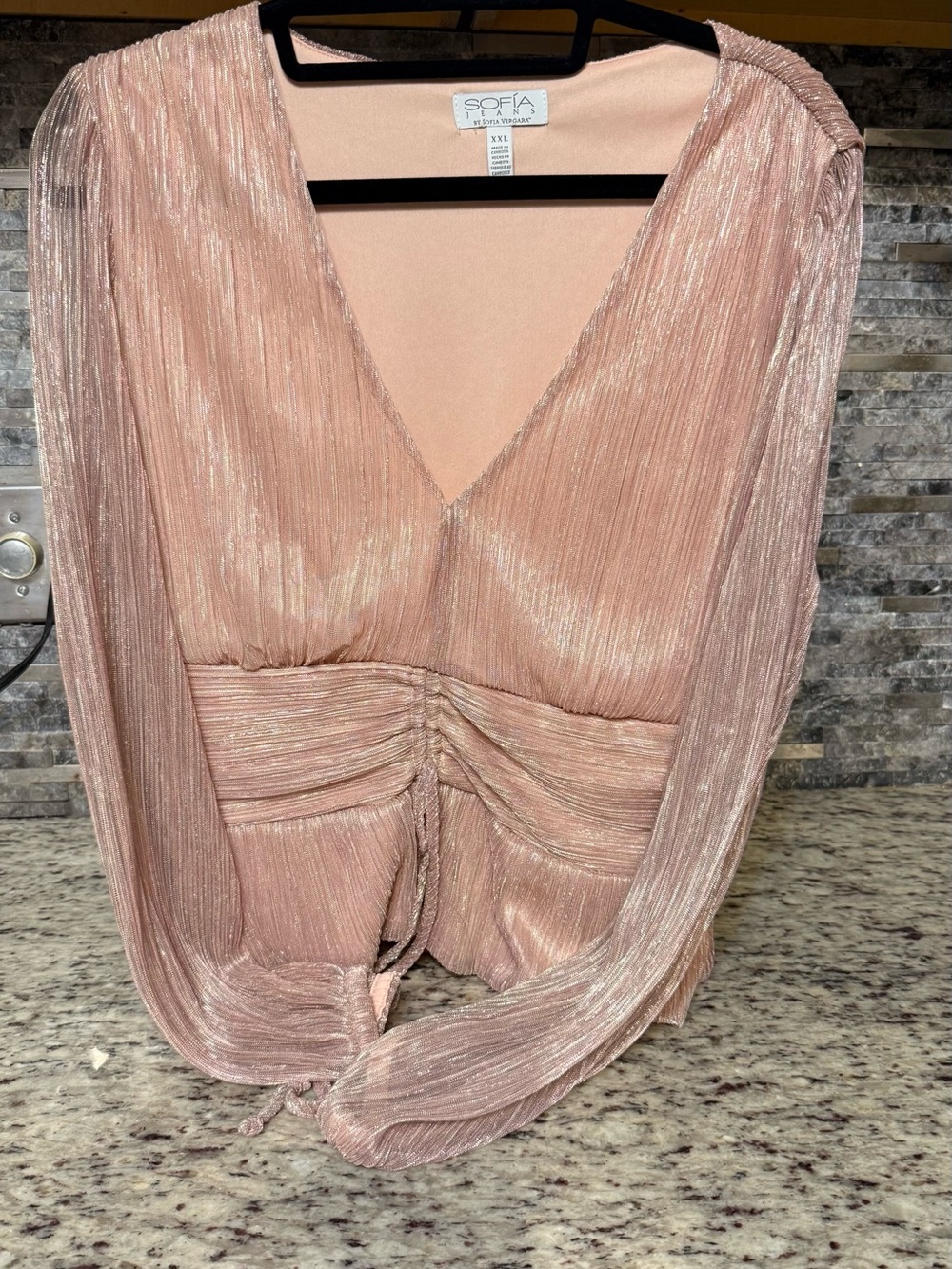 sofia by sofia vergara Shimmery Blush Pink V-Neck Ruched Blouse